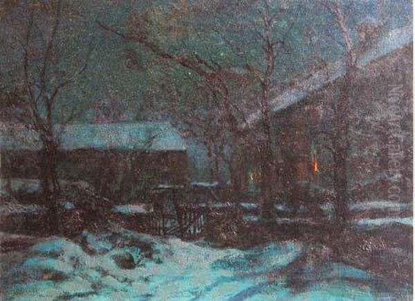 Effet De Nuit Sur Les Chaumieres Enneigees Oil Painting by Victor Charreton