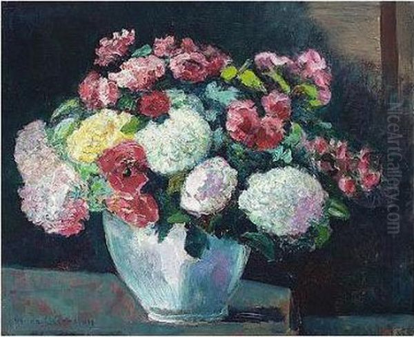 Bouquet D'hortensias Et De 
Roses, Signed, Oil On Canvas, 60 By 72 Cm., 23 1/2 By 28 1/4 In Oil Painting by Victor Charreton