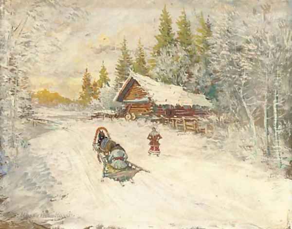 A winter scene with a horse-drawn sled Oil Painting by Konstantin Alexeievitch Korovin