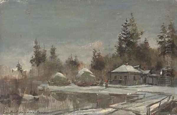 A Russian riverside village in winter Oil Painting by Konstantin Alexeievitch Korovin