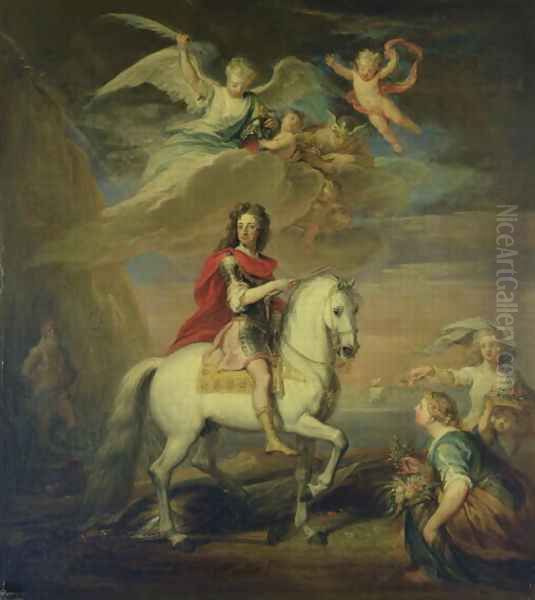 William III on a grey charger observed by Neptune Ceres and Flora Mercury in the sky and Astrea Oil Painting by Sir Godfrey Kneller