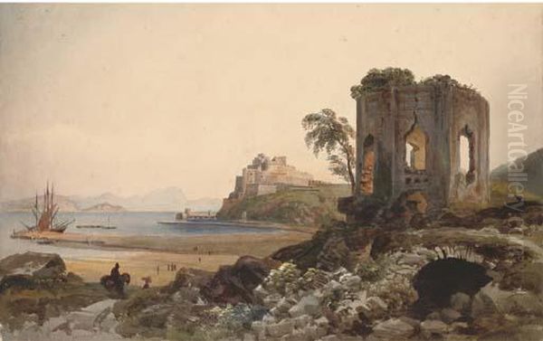 The Castel Dell'ovo On A Promontory Above The Bay Of Naples Oil Painting by Harriet Cheney