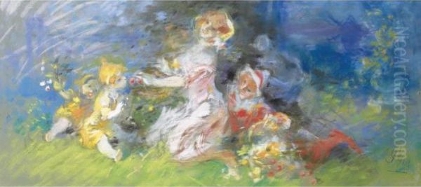 Femmes Et Enfants Cueillant Des Fleurs Oil Painting by Jules Cheret