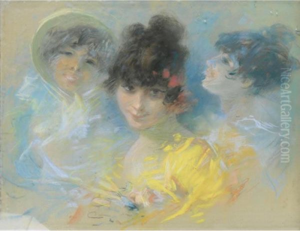 Trois Etudes De Tetes Oil Painting by Jules Cheret