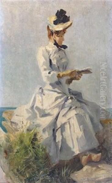 Elegant Lady Reading By The Sea Oil Painting by Jules Cheret