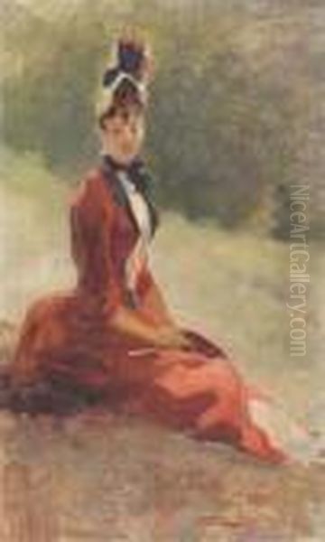 Elegant Lady Seated In Red Oil Painting by Jules Cheret