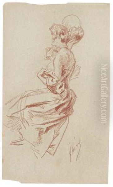 Femme Assise De Profil En Robe Longue Et Chapeau Oil Painting by Jules Cheret