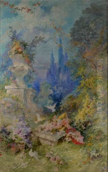 Idylle Champetre Aux Colombes Oil Painting by Jules Cheret