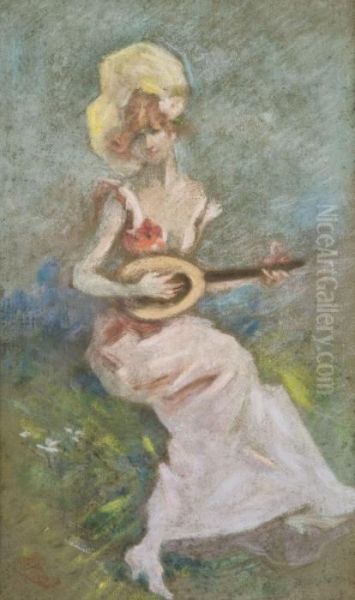 Jeune Fille A La Mandoline Oil Painting by Jules Cheret