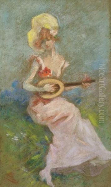 La Jeune Joueuse De Mandoline Oil Painting by Jules Cheret