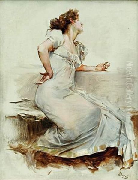 Femme Assise En Robe Blanche Oil Painting by Jules Cheret