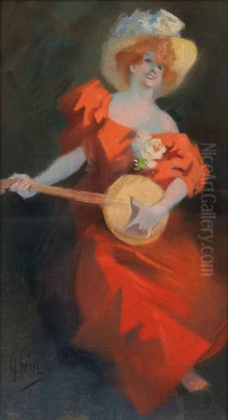 La Joueuse De Banjo Oil Painting by Jules Cheret