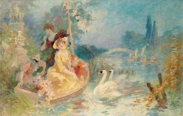 L'embarcadere Aux Cygnes Oil Painting by Jules Cheret