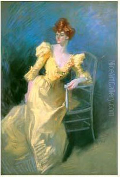 Elegante A La Robe Jaune Oil Painting by Jules Cheret