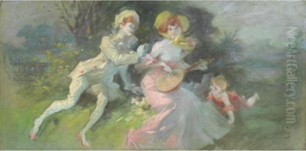 La Joueuse De Mandoline Oil Painting by Jules Cheret