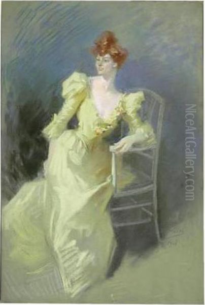 Portrait De Femme A La Robe Jaune Oil Painting by Jules Cheret