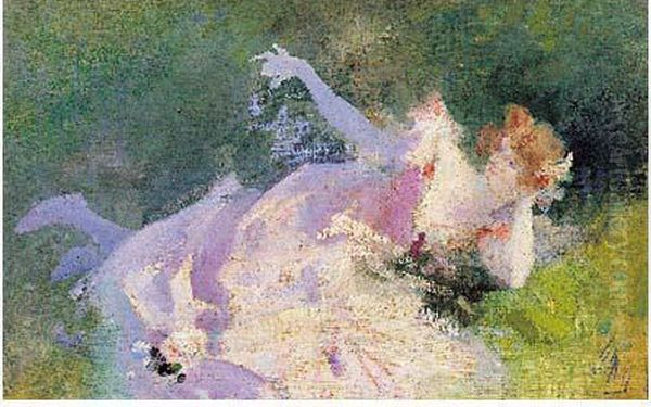 Jeune Femme Allongee Dans L'herbe Oil Painting by Jules Cheret