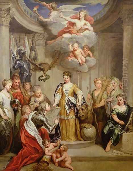 Queen Anne presenting plans of Blenheim to military Merit Oil Painting by Sir Godfrey Kneller