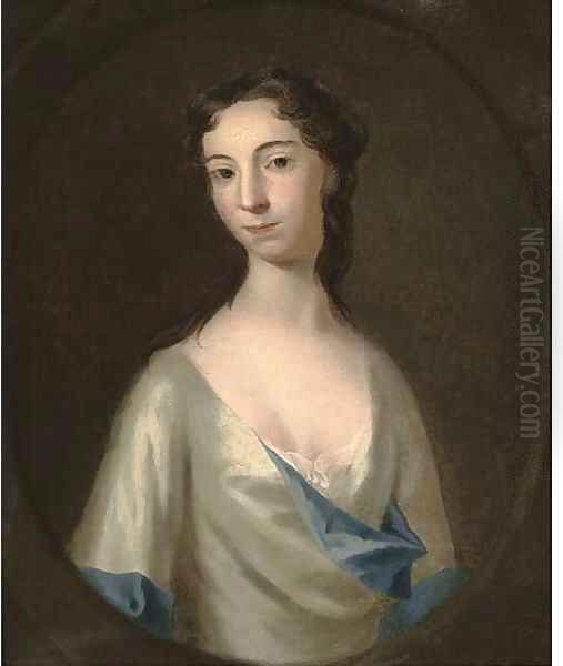 Portrait of a lady, bust-length, in a green dress, feigned oval Oil Painting by Sir Godfrey Kneller