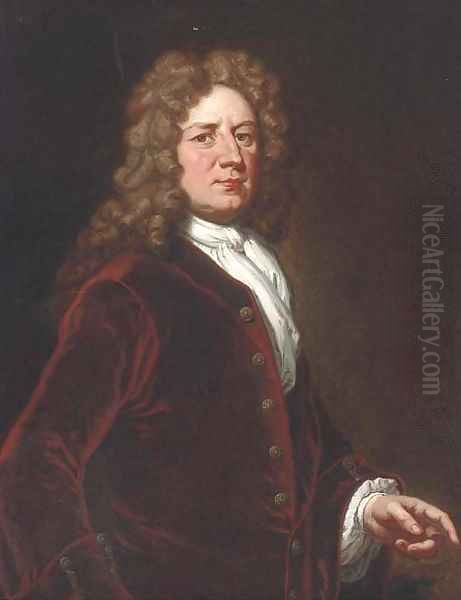 Portrait of Thomas, 1st Marquis of Wharton (1648-1723), three-quarter- length, in a red velvet coat and white shirt Oil Painting by Sir Godfrey Kneller