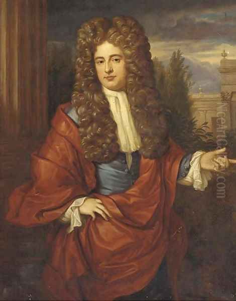 Portrait of a gentleman, half-length, in a blue jacket and red cloak, with a building beyond Oil Painting by Sir Godfrey Kneller