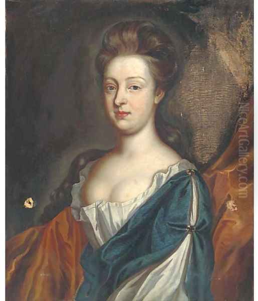 Portrait of a lady, half-length, wearing a blue and white dress with a gold wrap Oil Painting by Sir Godfrey Kneller