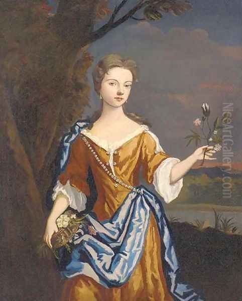 Portrait of a lady, three-quarter-length, in an orange dress and blue wrap, holding a sprig of flowers in her left hand Oil Painting by Sir Godfrey Kneller