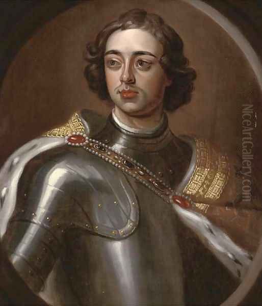 Portrait of Peter the Great (1672-1725), Tsar of Russia, half-length, in armour, feigned oval Oil Painting by Sir Godfrey Kneller