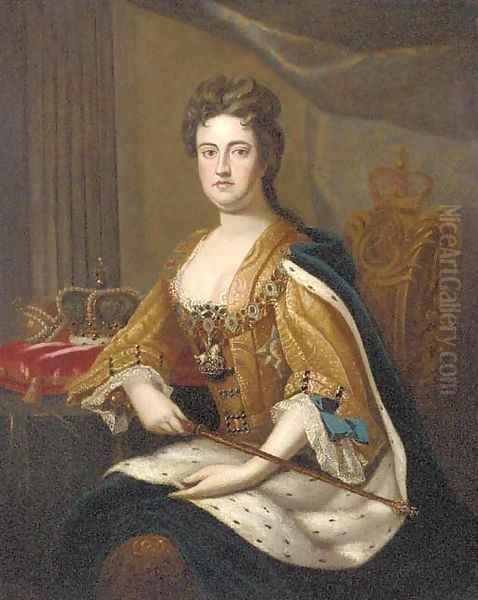 Portrait of Queen Anne (1665-1714), seated three-quarter-length, in coronation robes Oil Painting by Sir Godfrey Kneller