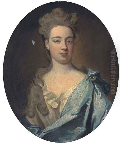 Portrait of a lady, bust-length, in a grey dress and blue mantle Oil Painting by Sir Godfrey Kneller