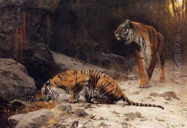 Tigers at a Drinking Pool Oil Painting by Wilhelm Kuhnert