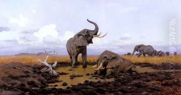 In The Twilight, Elephants Oil Painting by Wilhelm Kuhnert