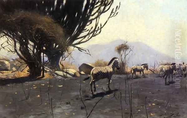 A Herd of Zebras Oil Painting by Wilhelm Kuhnert