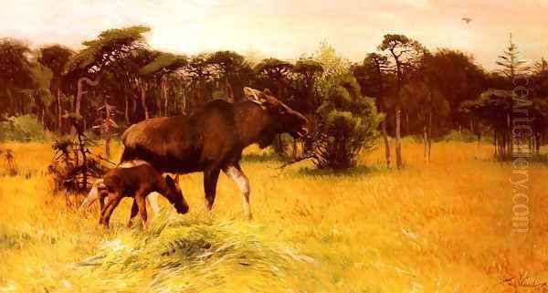 Moose with her Calf in a Landscape Oil Painting by Wilhelm Kuhnert