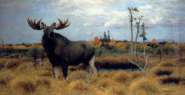 Elks In A Marsh Landscape Oil Painting by Wilhelm Kuhnert