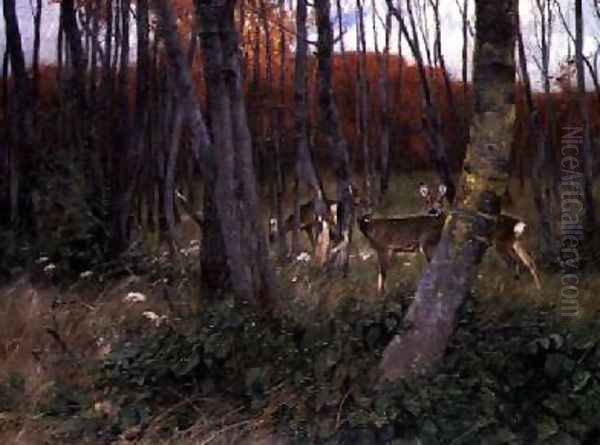 Deer in a Forest Oil Painting by Wilhelm Kuhnert