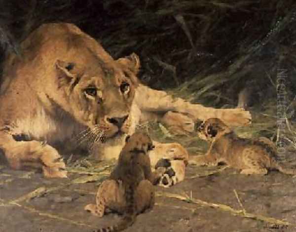 A Lioness and Her Cubs Oil Painting by Wilhelm Kuhnert