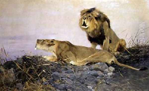 Lion and Lioness on a Rocky Outcrop Oil Painting by Wilhelm Kuhnert