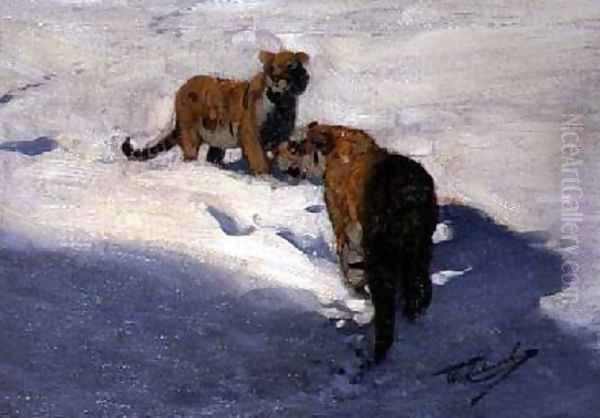 Siberian Tigers in the Snow Oil Painting by Wilhelm Kuhnert