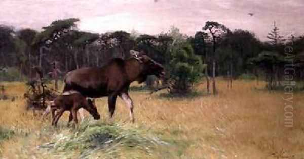 Moose with her Calf in a Landscape 2 Oil Painting by Wilhelm Kuhnert