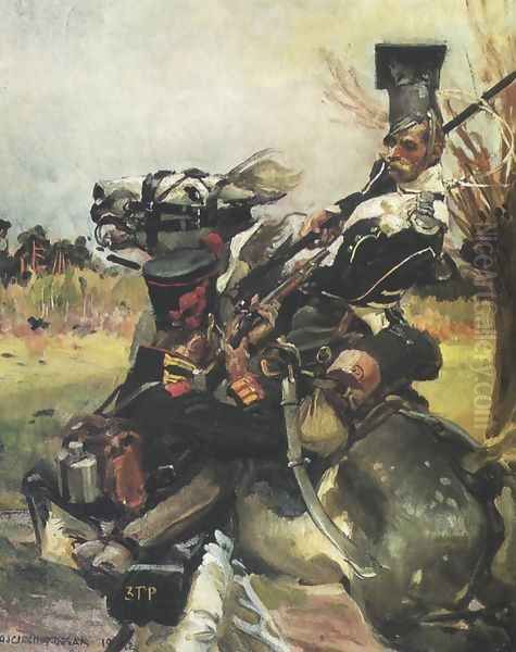 Fight between a Uhlan and a Foot Soldier Oil Painting by Wojciech Kossak