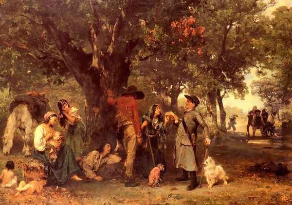 Zigeuner Im Walde, Vom Ortsschulzen Uber Ihre Legitimation Ausgefragt (Gypsies in the Forest) Oil Painting by Ludwig Knaus