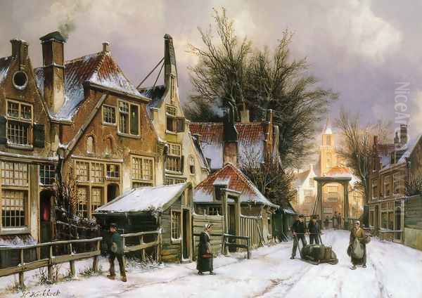 A Townview with Figures on a Snow Covered Street Oil Painting by Willem Koekkoek