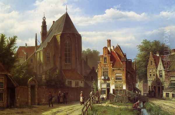 Figures in a Dutch Town Oil Painting by Willem Koekkoek