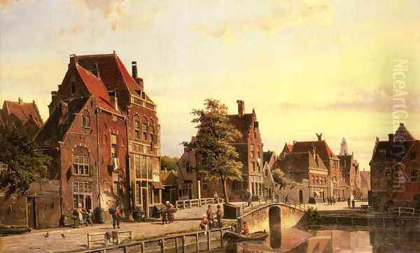 Figures by a Canal in a Dutch Town Oil Painting by Willem Koekkoek