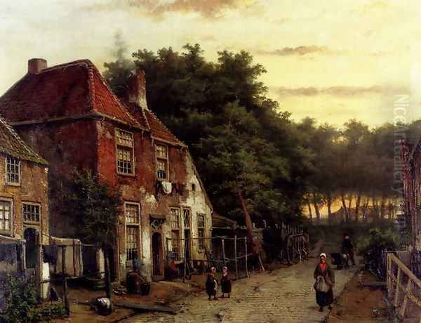 Figures in a Dutch Street Oil Painting by Willem Koekkoek