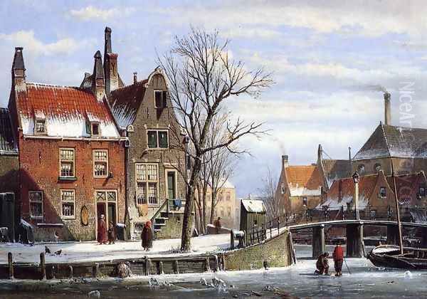 A View in a Town in Winter with Skaters on a Frozen Canal Oil Painting by Willem Koekkoek