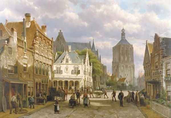 A capriccio view of a sunlit town square with numerous figures Oil Painting by Willem Koekkoek