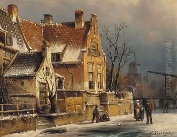 Houses along a canal in winter Oil Painting by Willem Koekkoek