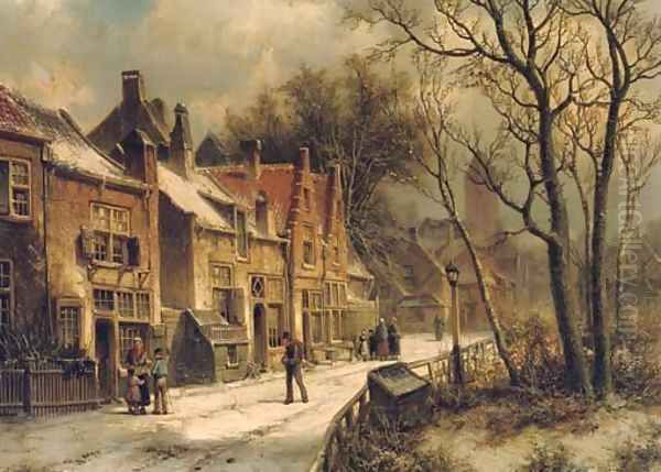 Villagers in a snow-covered Dutch town Oil Painting by Willem Koekkoek